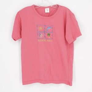 Puerto Rico Women's Y2K Pink‎ Embroidered Souvenir Graphic T-Shirt Size M